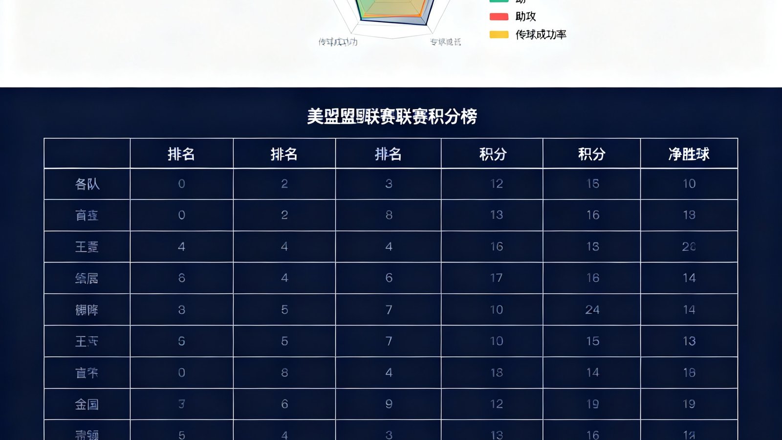 数据统计页面展示球员表现雷达图，包含进球、助攻、传球成功率等多项指标，下方为英超联赛积分榜表格，各队排名、积分、净胜球数据清晰排列。